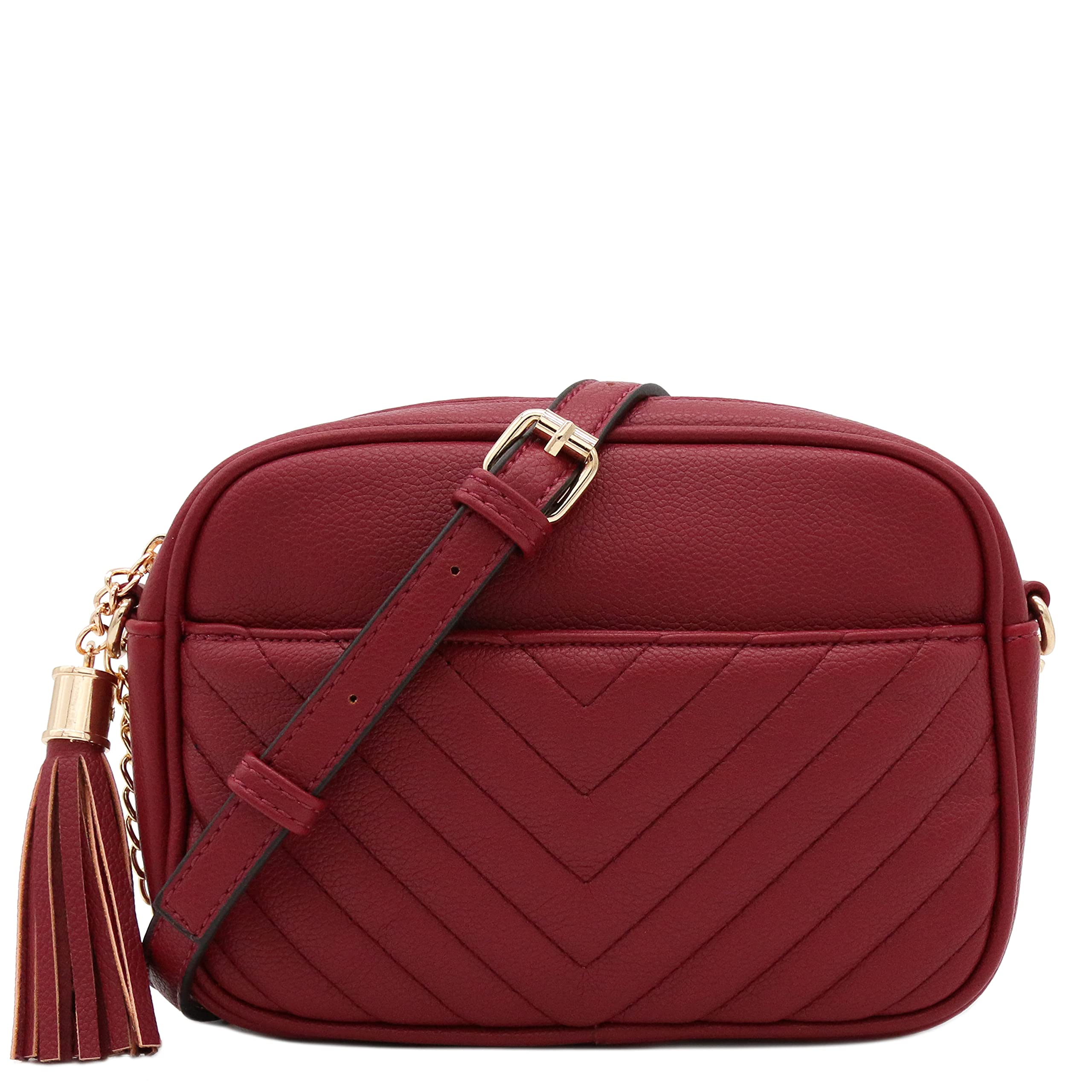 FashionPuzzle Chevron Quilted Crossbody Camera Bag with Chain Strap and Tassel