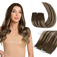 Full Shine Intact Tape in Hair Extensions Human Hair 5Pcs Injection Virgin Tape in Extensions 16 Inch Color 4 Brown Fading to 27 Blonde And 4 Medium Brown Seamless Hair Extensions Tape in 10G Remy