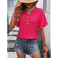 Women's Tops Shirts Sexy Tops for Women Half Button Raglan Sleeve Blouse Shirts for Women (Color : Hot Pink, Size : Large)