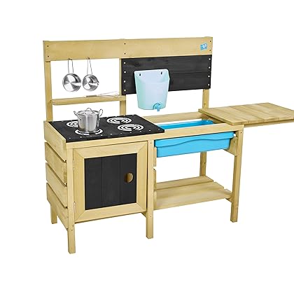 TP Toys, Deluxe Wooden Mud Kitchen for Boys and Girls Ages 3-8 | Kids Outdoor Kitchen Playset with Sand and Water Pan, Play Sink, and Kitchen Accessories | Fun Backyard Pretend Play for Toddlers.