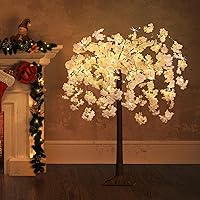 Lighted Cherry Blossom Tree LED Artificial Trees for Decoration Inside, Light up Tree with Faux Flower for Home Patio Wedding Party Festival Christmas Decor, Warm White, 4FT