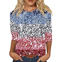Womens Tops Casual 3/4 Length Sleeve Round Neck Shirts Summer 4Th of July Tops Flag Graphic Tees Plus Size Blouses