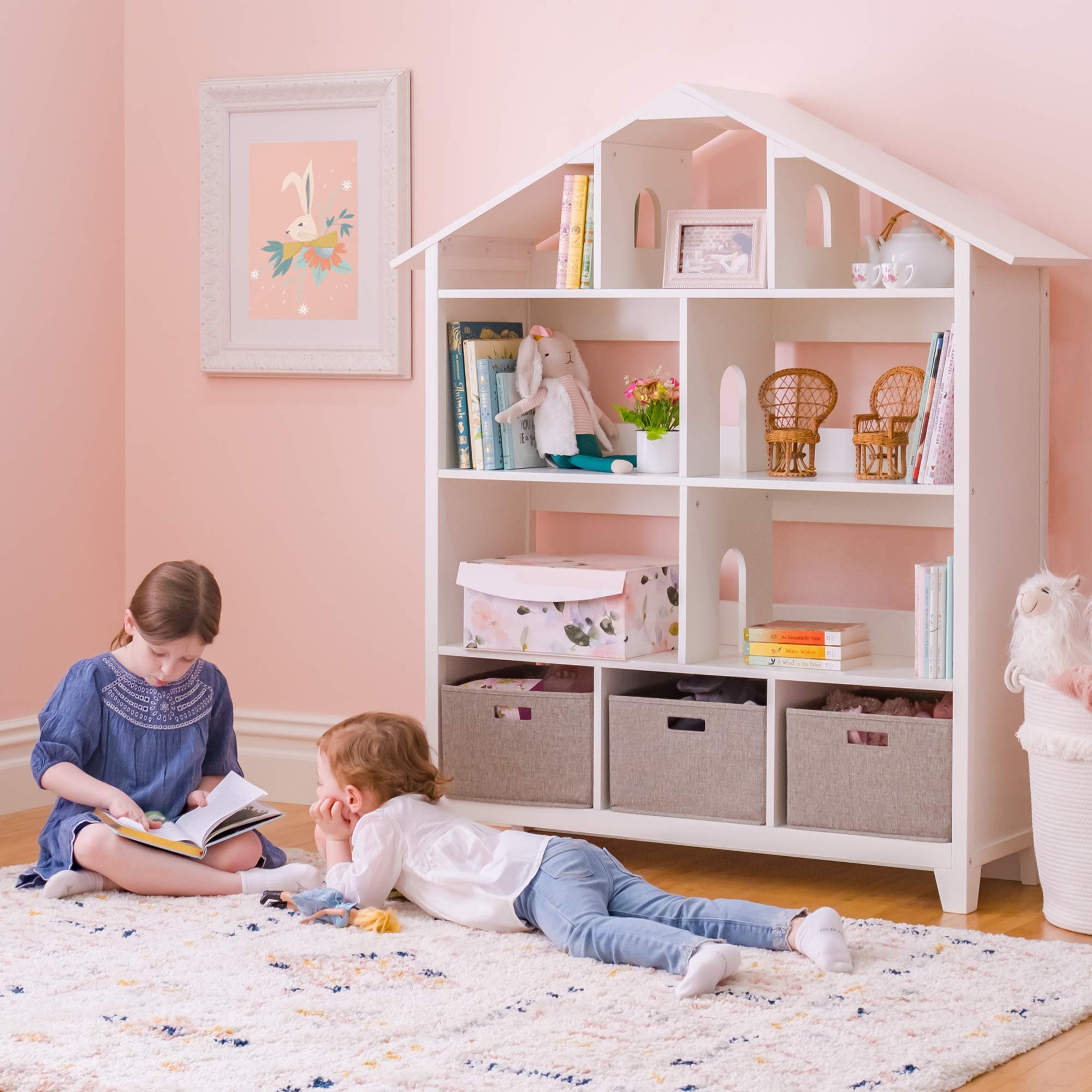 MARTHA STEWART Kids' Deluxe Dollhouse Bookcase - Creamy White: Large Wooden Organizer Shelves with Storage Bins for Books, Dolls, Toys, School Supplies