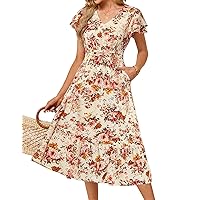 JASAMBAC Women Summer Dresses 2024 Casual Flowy Beach V Neck Ruffle Sleeve Smocked Back Waist Floral Midi Dress with Pockets