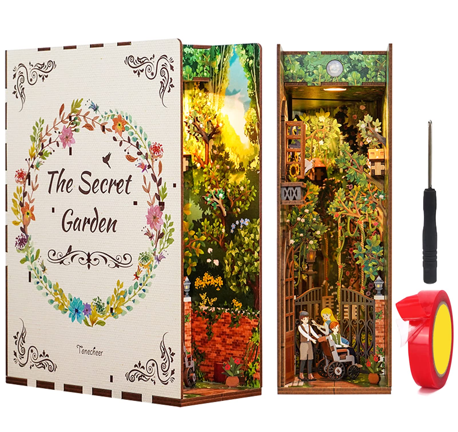 SPILAY DIY Dollhouse Miniature Book Nook Assemble Kit,3D Wooden Puzzle Bookshelf Insert Decor with Sensor Light,Bookends Model Build-Creativity Kit for Adults Birthday Gift (The Secret Garden)