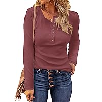 WNEEDU Women's Waffle Knit Tops Casual Long Sleeve Blouses Slim Fit Button Down V Neck Henley Shirts