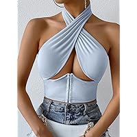 Cut Out Wrap Cross Hook and Eye Backless Halter Top