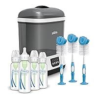 Dr. Brown’s Clean Steam Baby Bottle and Pacifier Sterilizer and Dryer, Anti-Colic Options+ Baby Bottles 8 oz, 0m+ Level 1 Nipple, 4 Pack, and Reusable Sponge Bottle Cleaning Brush Set Blue, 3-Pack