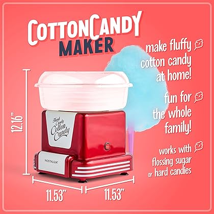 Nostalgia Cotton Candy Machine - Retro Cotton Candy Machine for Kids with 2 Reusable Cones, 1 Sugar Scoop, and 1 Extractor Head – Red
