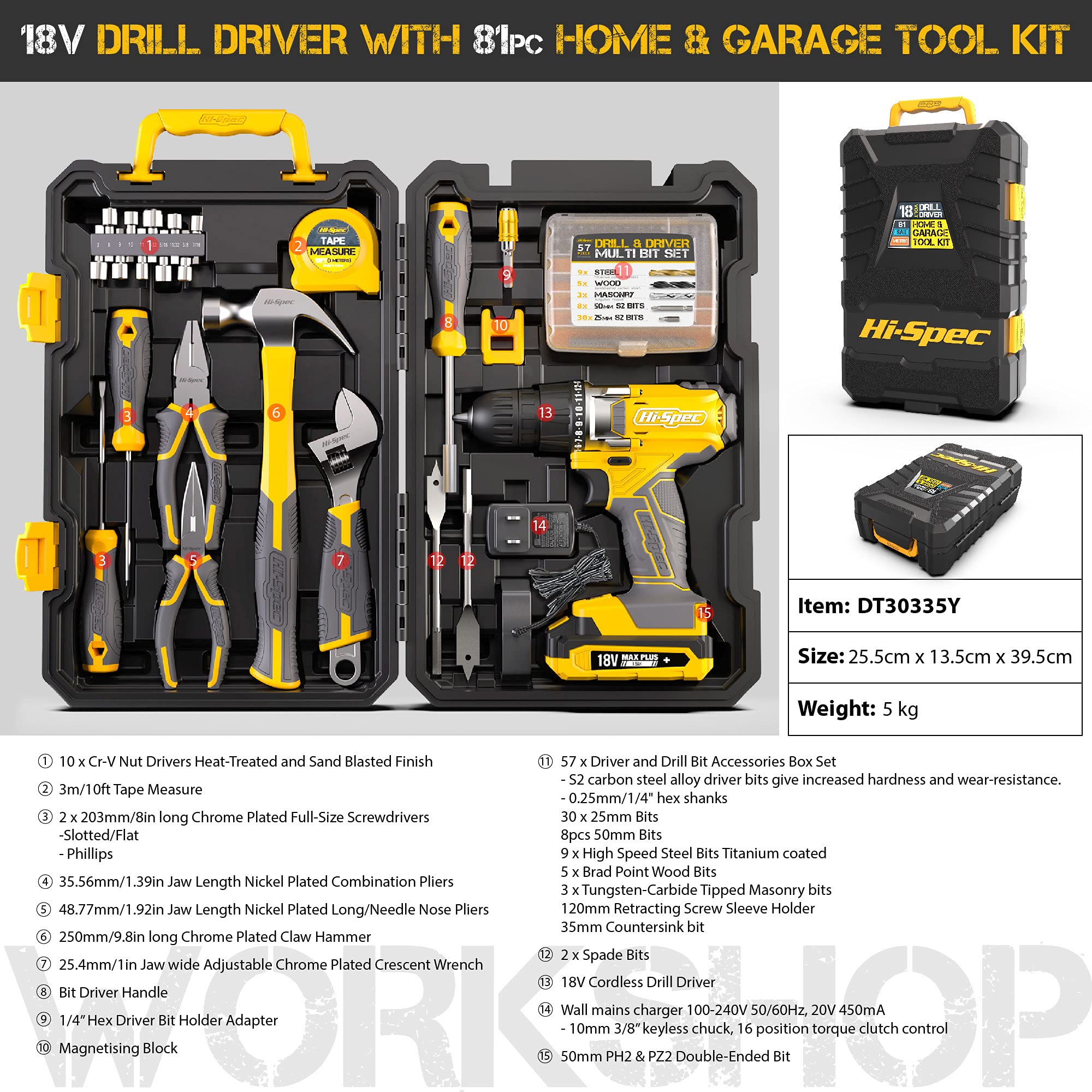 Hi-Spec 81pc Yellow 18V Cordless Power Drill Driver and Tool Kit Set: The Ultimate DIY Solution for Efficient Repairs and Maintenance