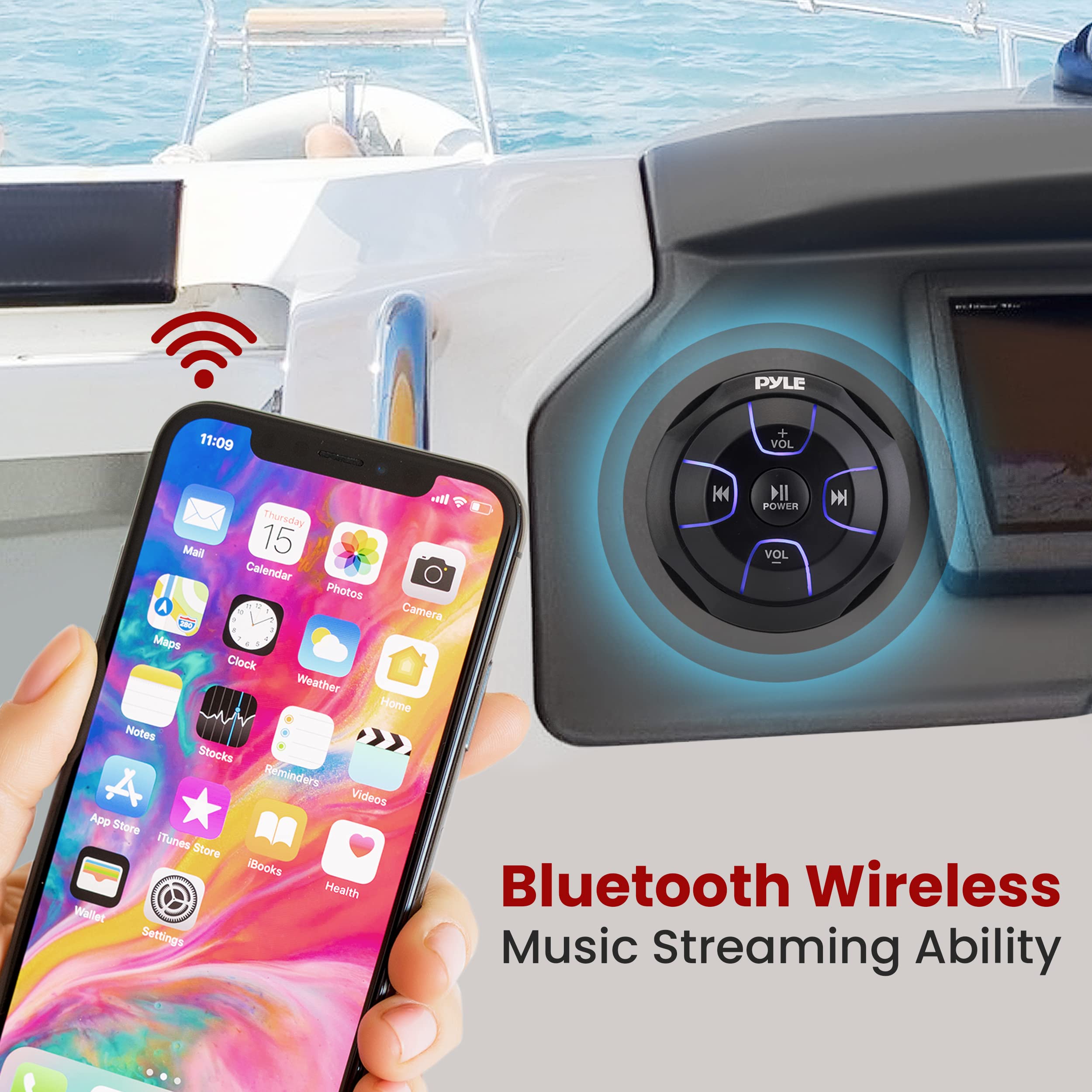 Waterproof Bluetooth Marine Amplifier Receiver - Weatherproof 2 Channel Wireless Amp for Stereo Speaker with 600 Watt Power, Wired RCA, AUX and MP3 Audio Input Cable - Pyle PLMRMBT5B (Black)