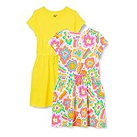 Amazon Essentials Girls and Toddlers' Knit Short-Sleeve Cinch-Waist Dresses (Previously Spotted Zebra), Pack of 2