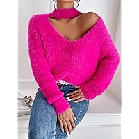 Sweaters for Women Choker Neck Fluffy Knit Sweater Sweaters for Women (Color : Hot Pink, Size : Large)