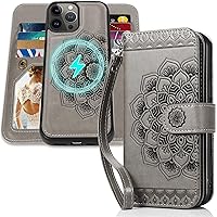 CASEOWL Case for iPhone 15 Pro Max Case Wallet, [Support Magsafe Charger] 2-in-1 Magnetic Detachable Mandala Embossed Flip Leather Case for Women with 9 Card Holder[RFID Blocking], Strap (Grey)