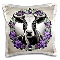 3dRose Cow Surrounded by A Wreath of Wood Violet Tattoo Style Art - Pillow Cases (pc-384724-1)