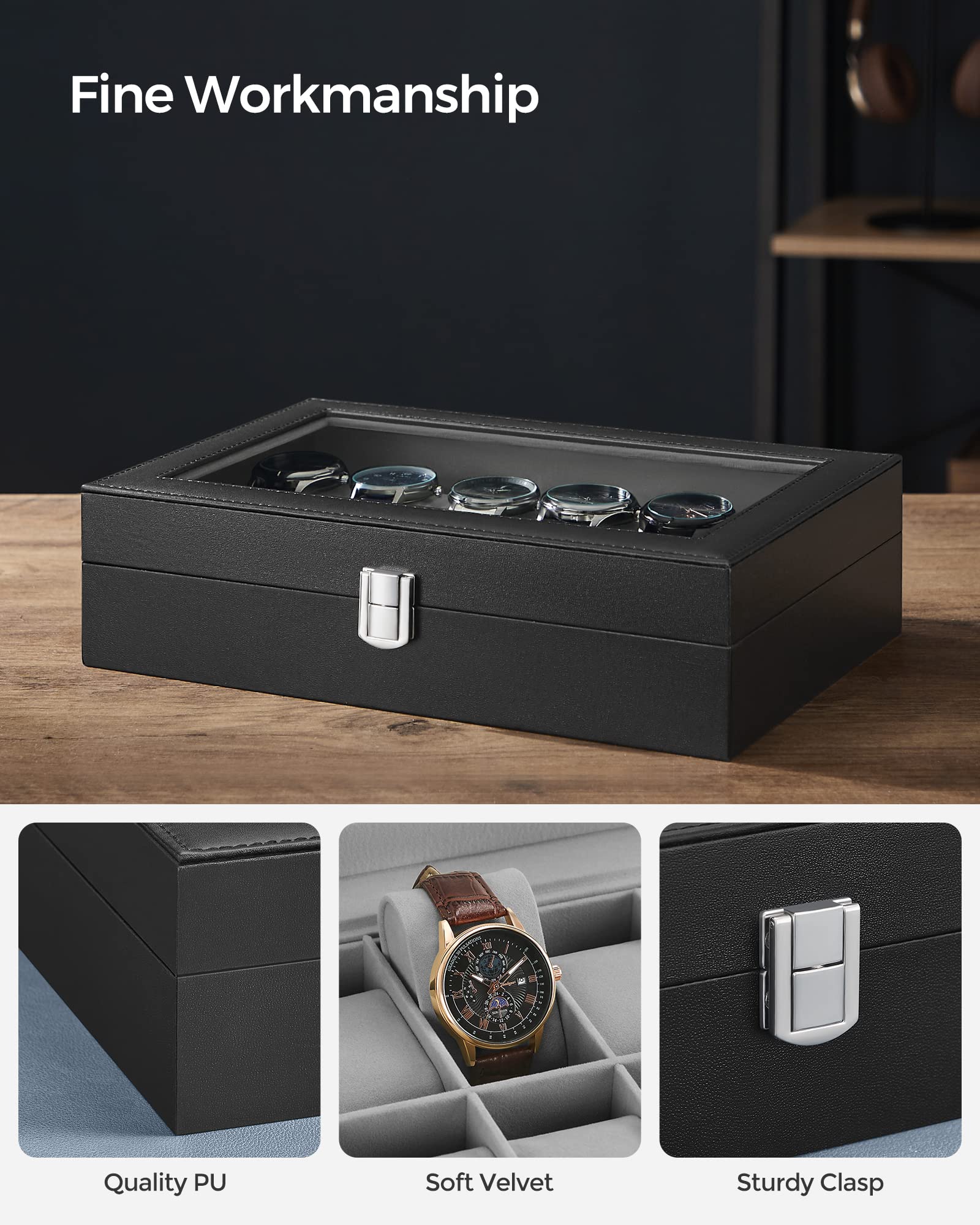 SONGMICS Watch Box Bundle, 12-Slot Watch Case with Glass Lid, Watch Holder with Removable Watch Pillow, Velvet Lining, Metal Clasp, Watch Display, Black UJWB12BK and UJWB012B01