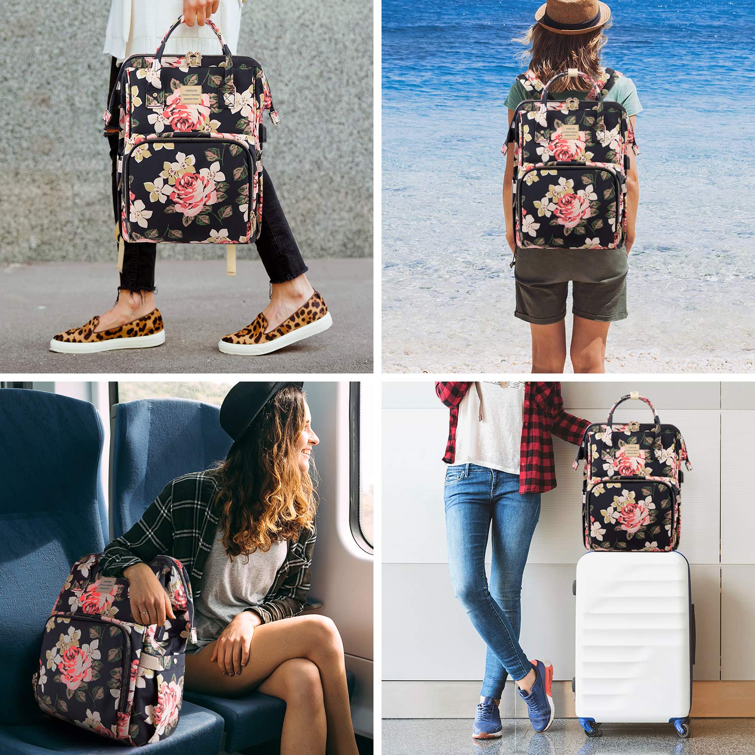 Laptop Backpack for Women,15.6 Inch Stylish College School Backpack with USB Charging Port,Water Resistant Casual Daypack Laptop Backpack for Girls/Nurse/Teacher/Travel (Flower Pattern)