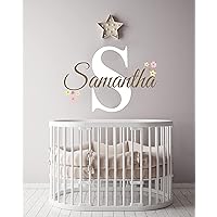 Custom Name and Initial with Flowers Wall Decal - Personalized & Art Mural Girls Decor Stickers for Nursery Bedroom Decoration (Mini Wide 16 inchx10 inch Height)