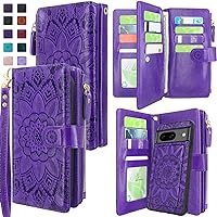 Harryshell Compatible with Google Pixel 8 Case Wallet Detachable Magnetic Cover Leather Case Cover with Cash Coin Zipper Pocket 12 Card Slots Holder Wrist Strap Lanyard (Flower Purple)
