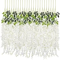24pcs Wisteria Hanging Flowers 3.6ft Artificial Vines Fake Garland Silk Flower String for Wedding Party Garden Outdoor Greenery Home Wall Decoration (White)