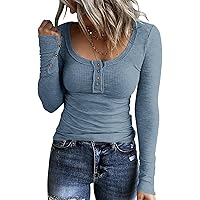 Hount Womens Casual Long Sleeve T Shirts Slim Fit Button Down Henley Basic Tee Tops Ribbed Knit Solid Fall Shirts