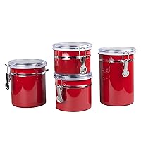 Creative Home Set of 4 Pieces Stainless Steel Kitchen Storage Jar Container Canister with Clear Airtight Lid and Locking Clamp for Food, Cookie, Flour, Sugar, Tea, Coffee Storage, Red