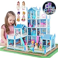 Doll House for 3 4 5 6 7 8 Year Old - 4 Dollhouse Dolls, LED Light, Play Mat Princess Dream House Toys with 4 Doll & Doll Furnitures, DIY Dollhouse with Light Strip