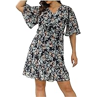 Women Summer Dress Tshirt Beach Womens Fashion Loose Plus Size Summer Ditsy Floral Print Ruffle Mini Flowy Dress