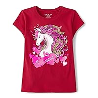 The Children's Place Girls' All Holidays Short Sleeve Graphic T-Shirts, Valentine's Day Unicorn, X-Large