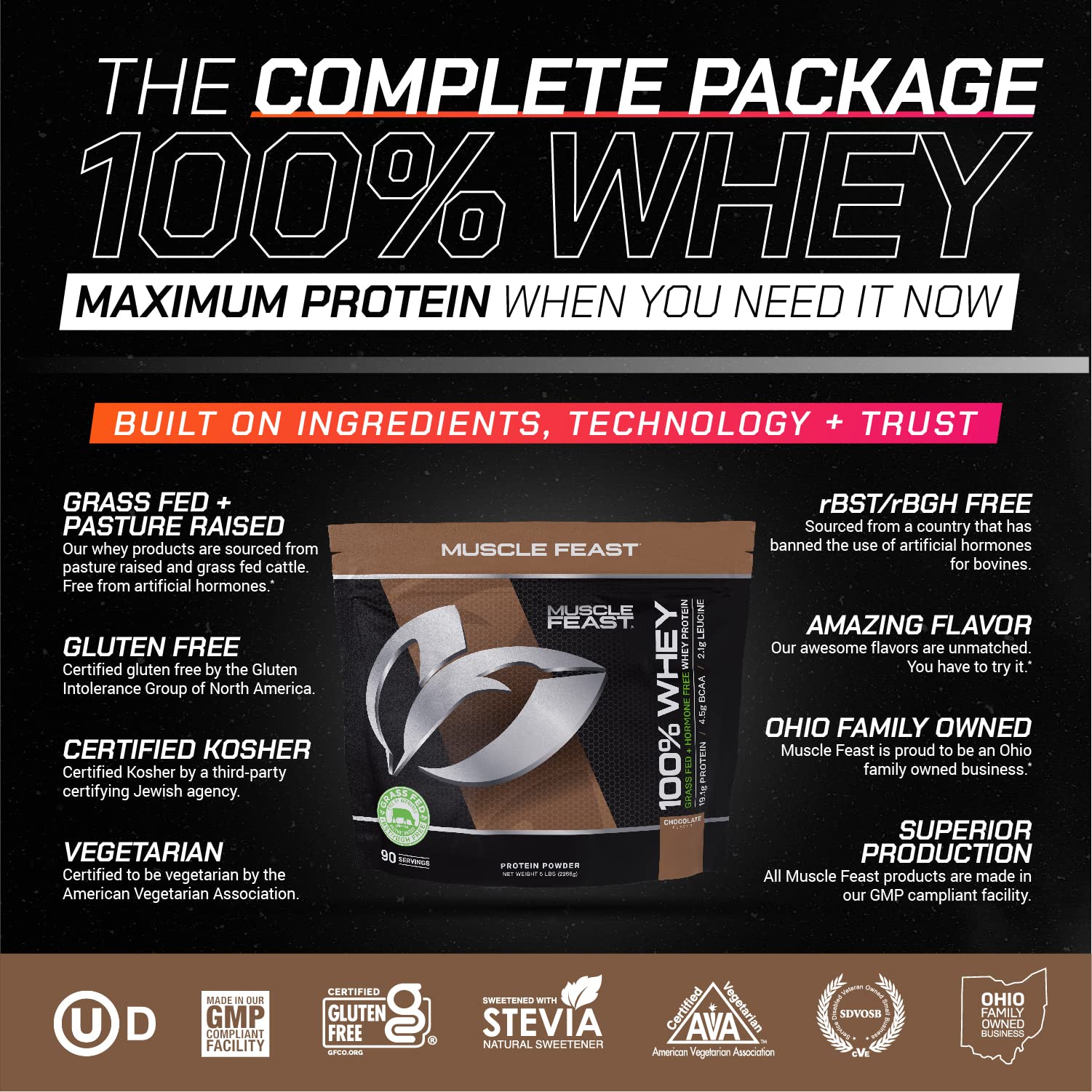 Muscle Feast 100% Grass-Fed Whey Protein, Pastured Raised Hormone Free All Natural, Chocolate, 5lb