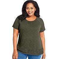 JUST MY SIZE Women's Plus-Size Lace Panel Short Sleeve Top