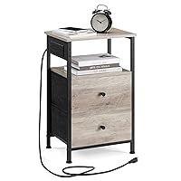 VASAGLE Nightstand with Charging Station, Night Stand, Side Table with 2 Drawers and 1 Open Shelf, Fabric Drawers with MDF Front, End Table, Heather Greige and Classic Black ULGS027K02