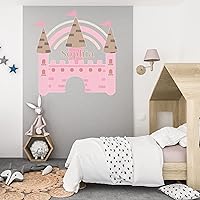 Girls Personalized Name Wall Decal with Pink Princess Castle and Rainbow for Baby Room Decor - Cute Castle Girls Custom Name Wall Decal with Choice Color, Font, Size