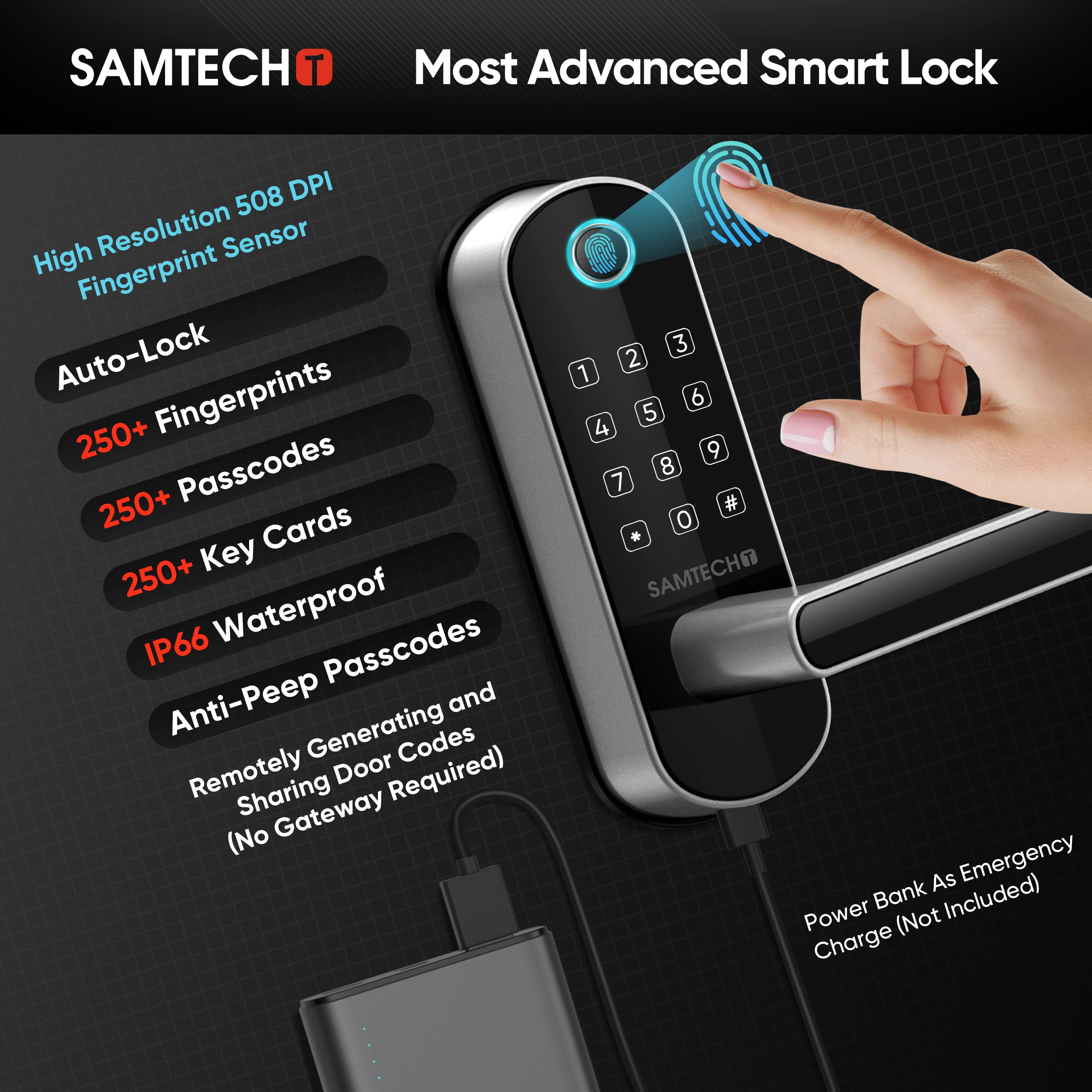 samtechT Smart Lock, Keyless Entry Door Lock, Fingerprint Door Lock, Smart Door Lock with Handle, Digital Door Lock, Smart Lock for Front Door, Bluetooth Electronic Door Lock (Powered by Sifely)