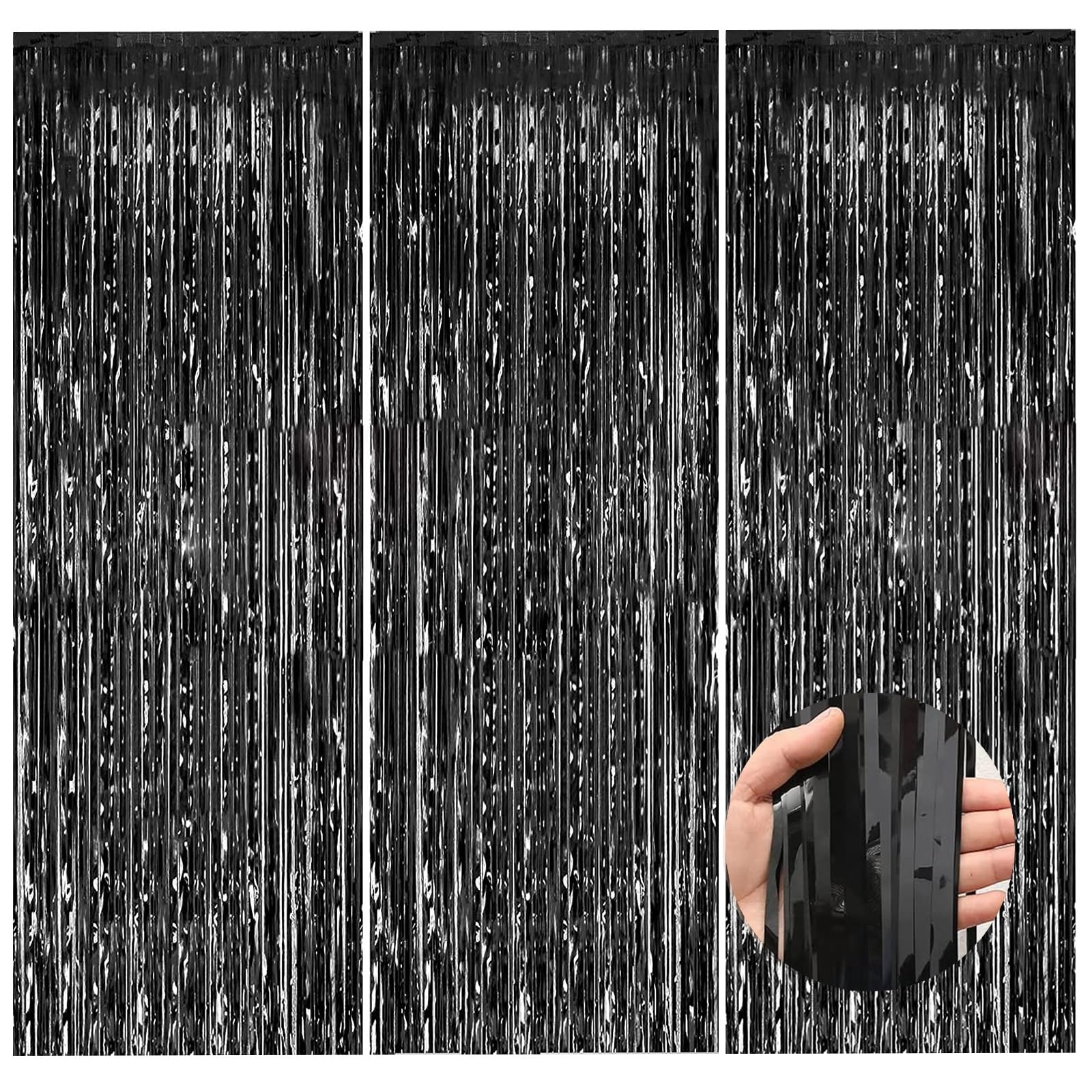 3 Pack Black Metallic Tinsel Foil Fringe Curtains Backdrop，3.3 ft x 8.2 ft Black Foil Fringe Curtains Decorations，for Photo Background Party Decorations,Graduation Decorations