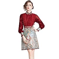 LAI MENG FIVE CATS Women's Vintage Elegant Round Neck Floral Tulle Embroidered Floral Party Casual Mini Dress