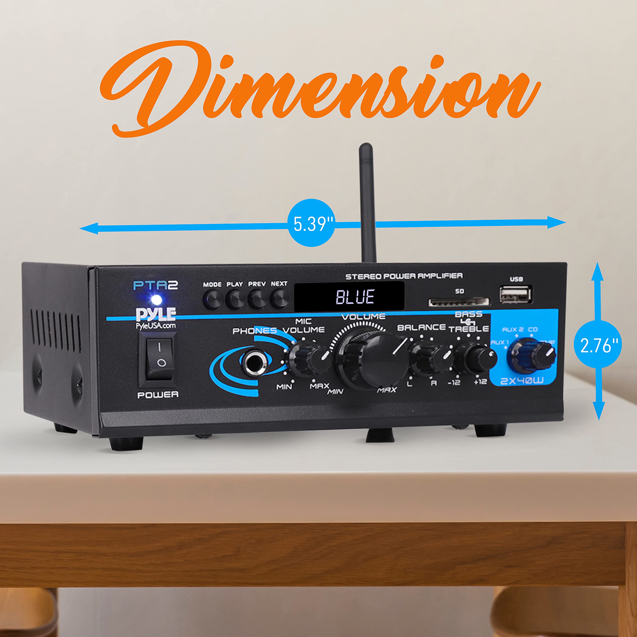 Pyle Home Audio Power Amplifier System - 2X40W Bluetooth Mini Dual Channel Mixer Sound Stereo Receiver Box w/ AUX, Mic Input - For Amplified Speakers, PA, CD Player, Theater via RCA, Studio Use - PTA2