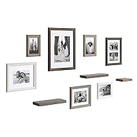 Kate and Laurel Bordeaux Gallery Wall Frame and Shelf Kit, Set of 10, Multicolored with Whitewash, Charcoal Gray, and Farmhouse Gray, Assorted Size Frames and Three Display Shelves