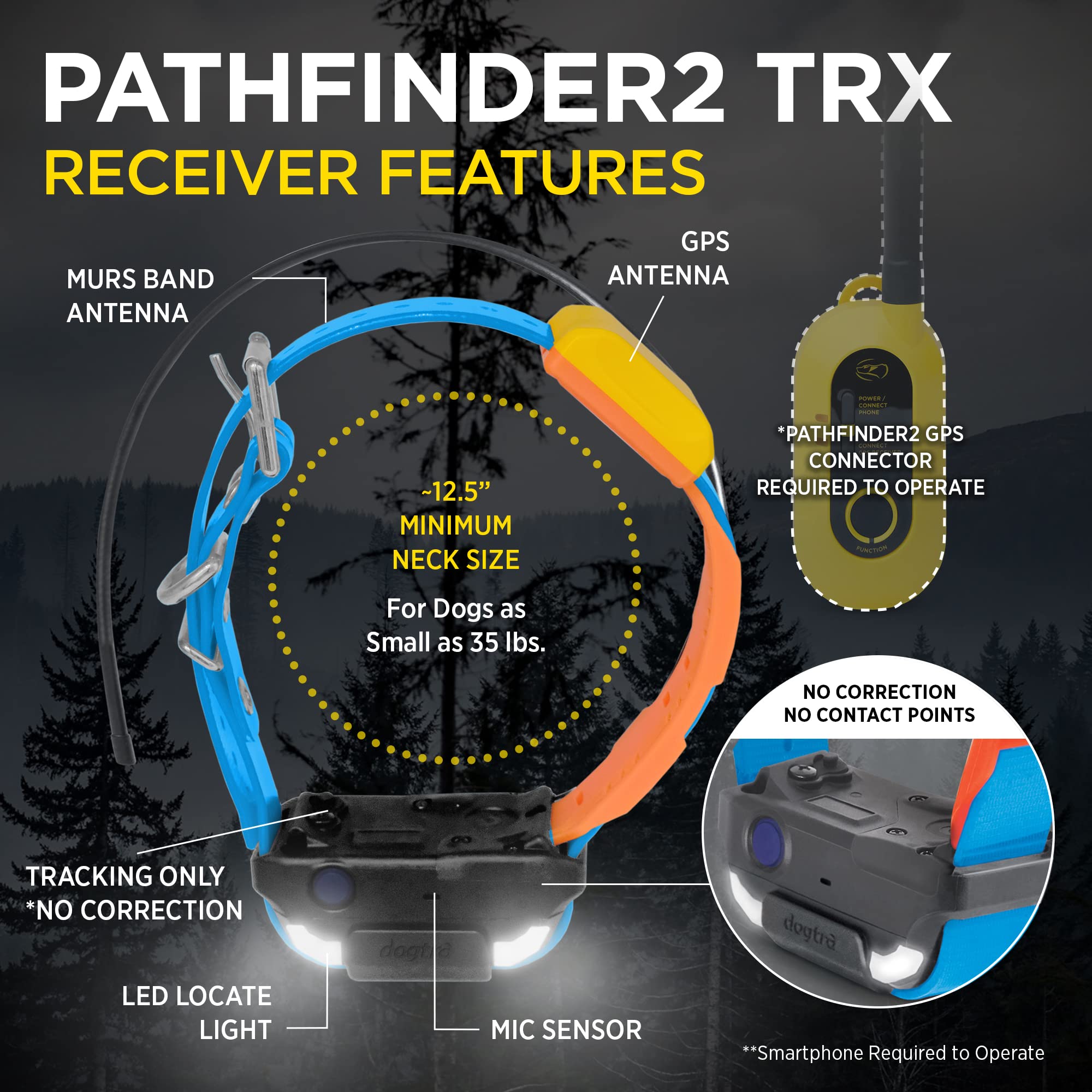 Dogtra Pathfinder 2 TRX Additional Receiver Dog GPS Tracker LED Light Blue Collar SmartWatch Compatible Rechargeable Waterproof Free Offline Maps No Subscription No Monthly Fee Smartphone Required