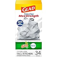 Glad Trash Bags, ForceFlexPlus Tall Kitchen Drawstring Garbage Bags - 13 Gallon Grey Trash Bag, Gain Original with Febreze Freshness 34 Count (Package May Vary)