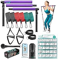 Pilates Bar Kit with Resistance Bands - Home Gym Equipment - Workout Equipment for Women and Men - Pilates Equipment with 6 Adjustable Resistance Bands-Video Workouts (Stretched, Purple 6 Bands)