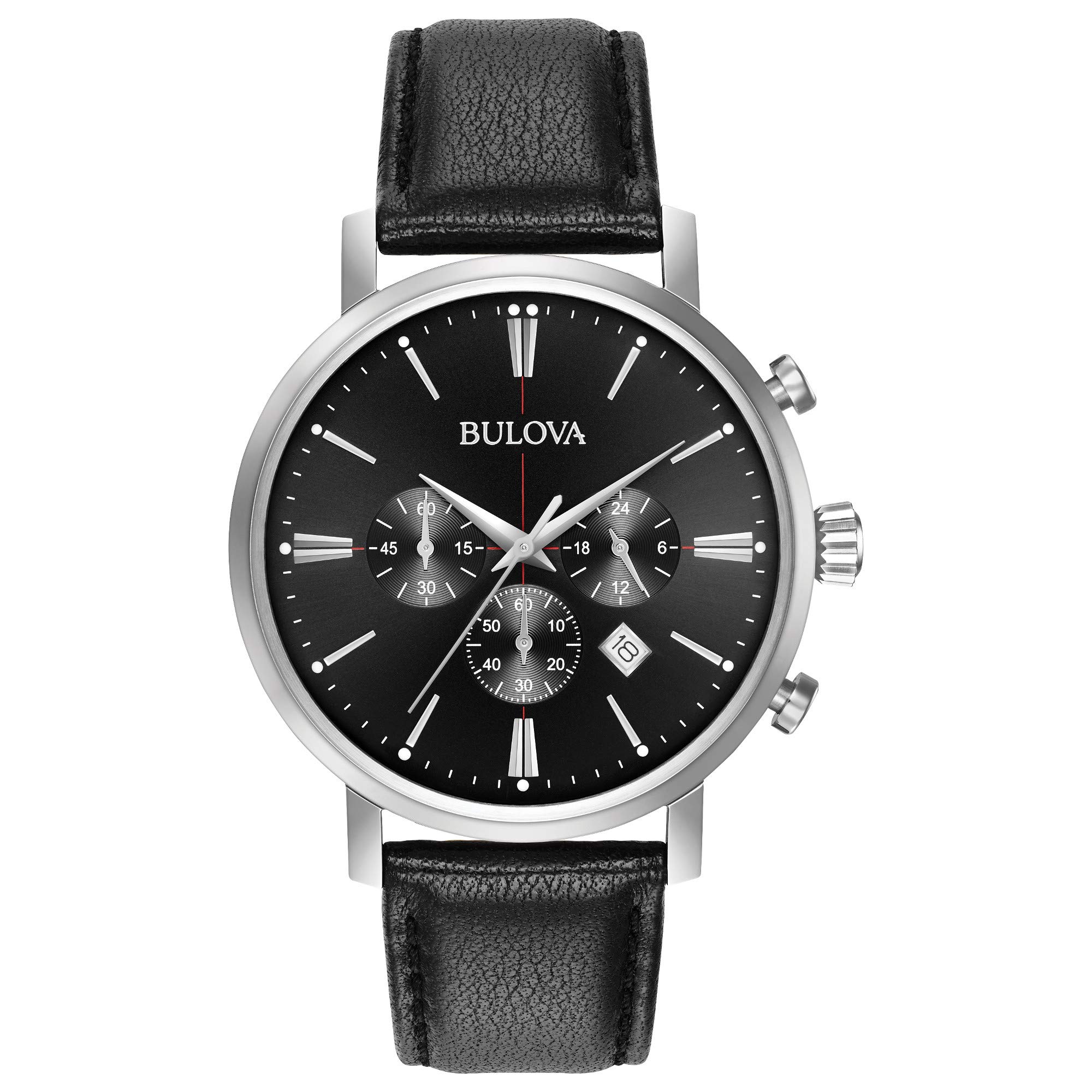 Bulova Men's Classic Aerojet Stainless Steel 6-Hand Chronograph Watch with Black Leather Strap, 41mm Style: 96B262