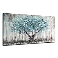 Arjun Tree Wall Art Teal Blue Nature Tree of Life Abstract Canvas Painting Textured Picture, Modern Panoramic Landscape Artwork Framed for Living Room Bedroom Office Home Decor, Extra Large 60