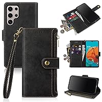 Antsturdy Samsung Galaxy S24 Ultra Wallet case with Card Holder for Women Men,Galaxy S24 Ultra Phone case RFID Blocking PU Leather Flip Shockproof Cover with Strap Zipper Credit Card Slots,Black