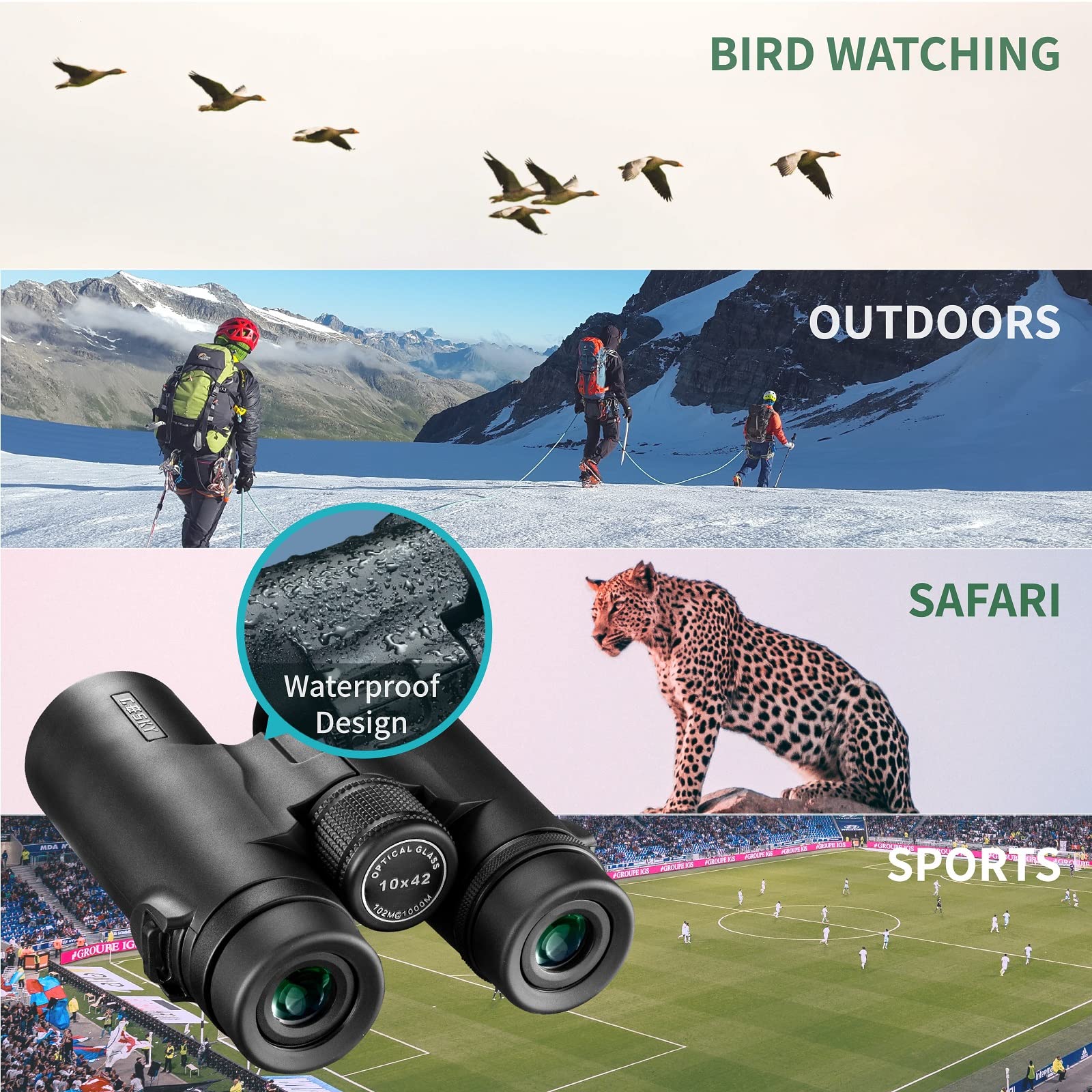 Gosky 10x42 Roof Prism Binoculars for Adults, HD Professional Binoculars for Bird Watching Travel Stargazing Hunting Concerts Sports-BAK4 Prism FMC Lens-with Phone Mount Strap Carrying Bag