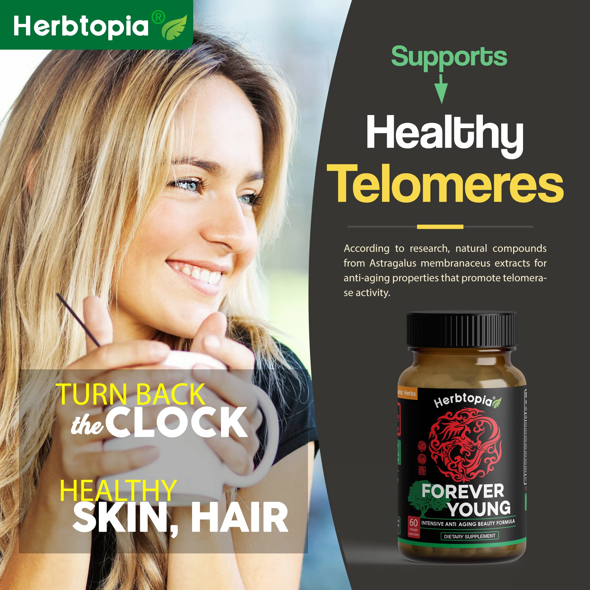 Herbtopia Forever Young Longevity Supplement for Immunity, Anti Gray Hair, Telomere Lengthening & Happy Mood w/Ginseng, Astragalus, Lions Mane, Reishi Mushroom, Codonopsis | Organic
