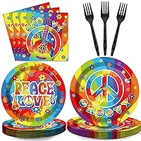 96 PCS 60’s Party Hippie Tableware Set Groovy Hippie Plates Napkins 60s Hippie Themed Party Decorations Peace Love Tie Dye Style Disposable Paper Tableware Birthday Party Suplies Favor For 24 Guests