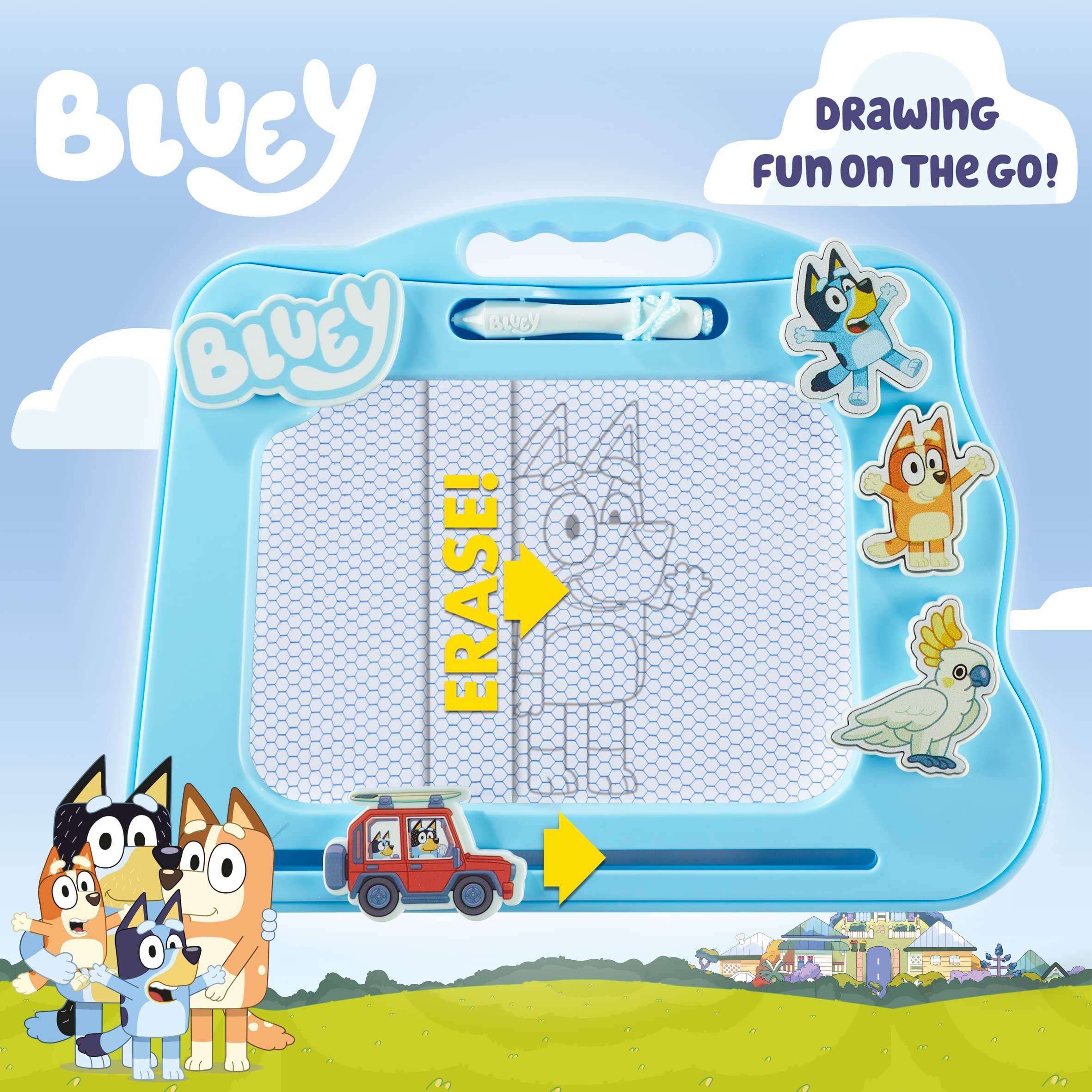 Character Options Bluey Travel Magnetic Scribbler pad with Pen and 3 Stamps, Draw and Erase with no Mess