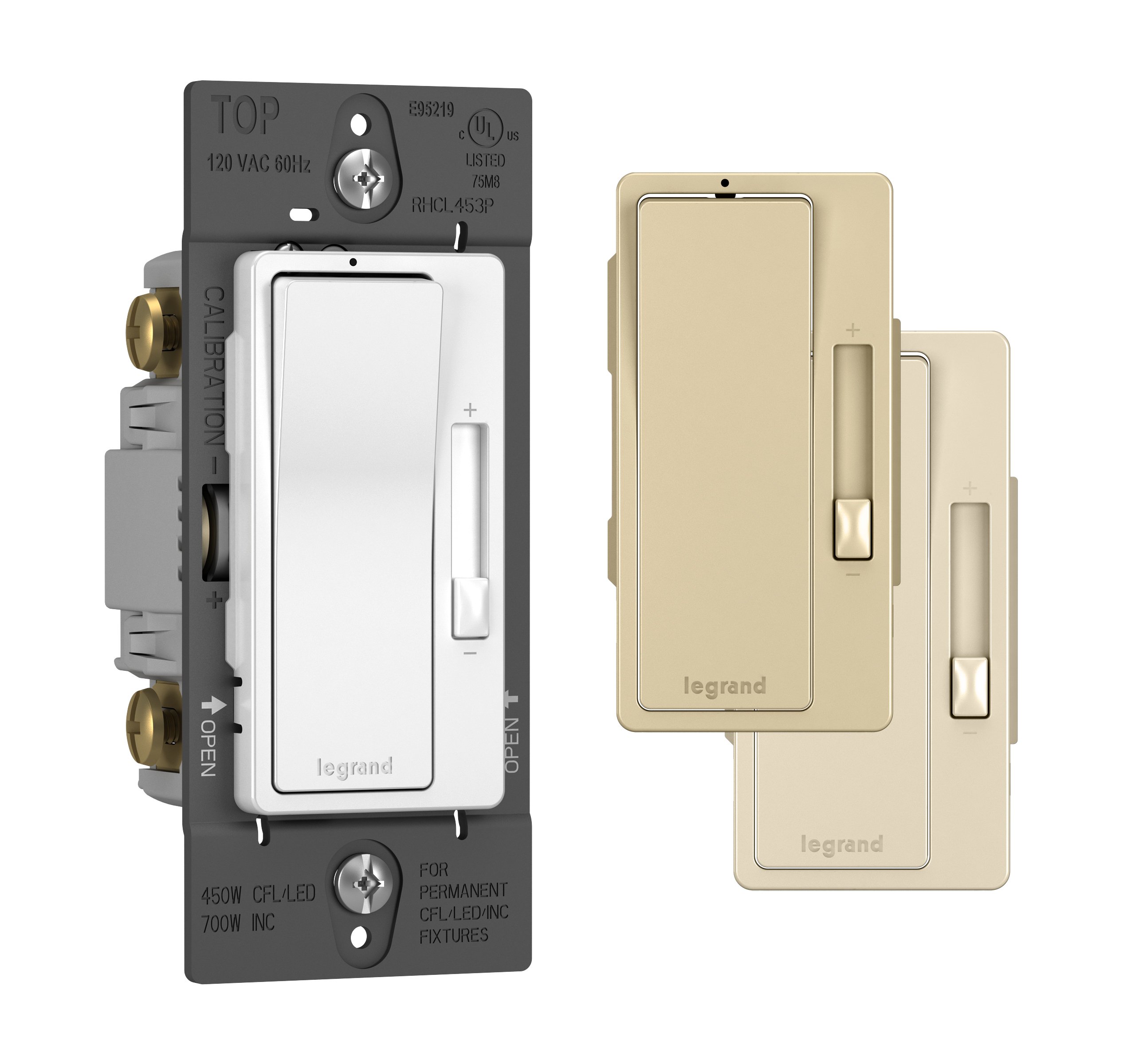 Legrand - Pass & Seymour Radiant Dimmer Light Switch, Single Pole Dimmer Switch and 3 Way Rocker Wall Switch, Interchangeable Tri-Color Faceplates Paddle Dimmer, RHCL453PTCCCV4, 1 Count
