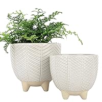 La Jolíe Muse Ceramic Footed Flower Plant Pots - 6.7 + 5.1 Inch Boho Decor Indoor Planters with Drainage, Home Decor Gift, Beige